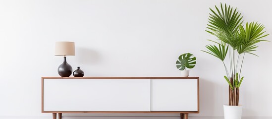 Contemporary Scandinavian interior design with photo frames palm plant and decor
