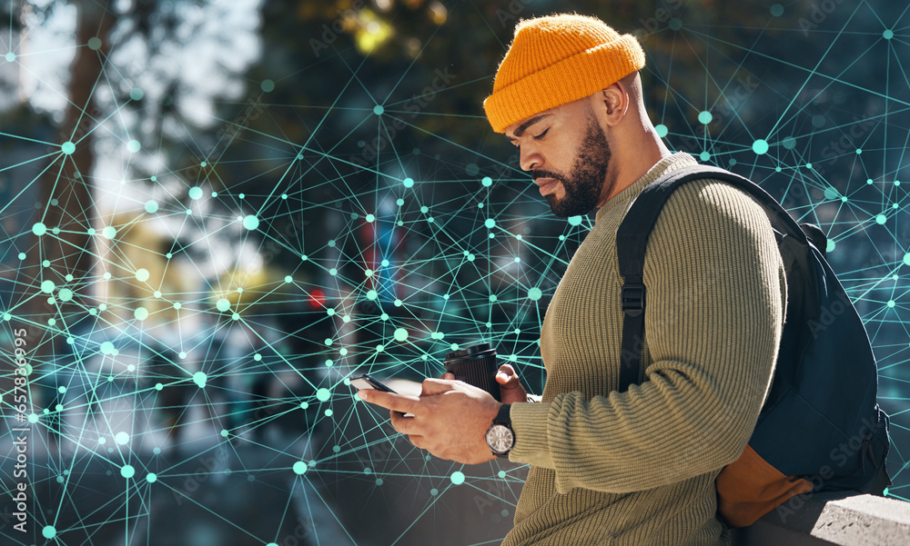 Poster Man using phone in city, innovation and digital transformation, typing on social media and communication. Software, cyber and search urban location with global network, tech evolution and future