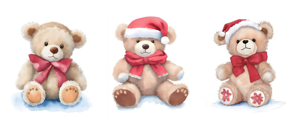 Christmas bears. Three cute New Year's Watercolor plush bears in Christmas decorations. Isolated on white background. Cartoon. Set. Postcards, print, textiles, books, invitations, scrapbooking gift