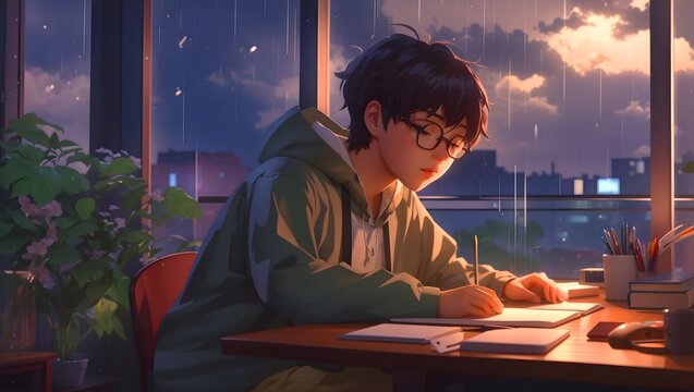 Cool Lofi Boy Studying At Her Desk Rainy Or Cloudy Outside Beautiful Chill Atmospheric Wallpaper 4K Streaming Background Lofi Hiphop Style Anime Manga Style