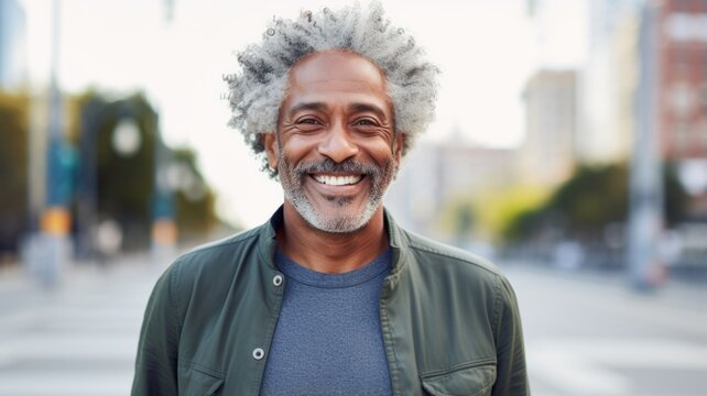Smiling Old Black Man with Blond Curly Hair Photo. Portrait of Casual Person in City Street. Photorealistic Ai Generated Horizontal Illustration..