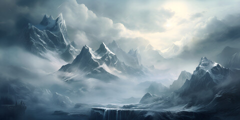 Dark snow covered mountains with clouds, landscape background   - obrazy, fototapety, plakaty