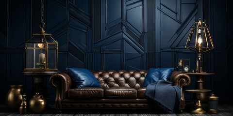 Fototapeta na wymiar Exclusive Wohnzimmergarnitur Couch aus Leder im edlen modernsten Design in Top aktuellen Farben mit dunklen Hintergrund in Querfomat als Banner, ai, generativ 