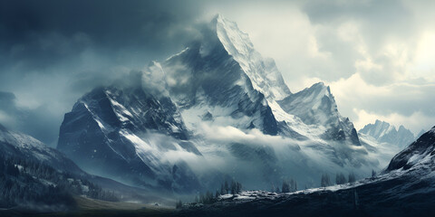 Dark snow covered mountains with clouds, landscape background  
