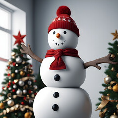 snowman with christmas tree xmas theme decoration Generative AI