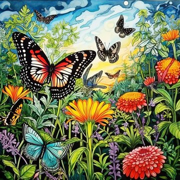 Beautiful landscape with butterfly illustration watercolor picture AI Generated art