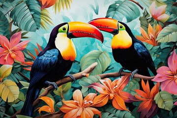 Toucans on colorful background with plants
