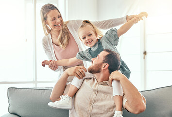 Airplane, fantasy and parents playing with child on a couch in a home together and bonding as a family with love. Care, happiness and kid happy with mother and father on a sofa for fun - Powered by Adobe