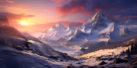 Naklejka na ściany i meble Bright orange sunrise in the mountains with snow, landscape background 