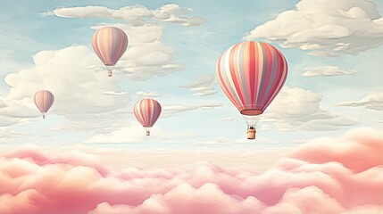 Obraz premium a painting of hot air balloons flying in the sky above clouds. generative ai