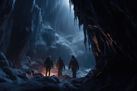 Explorers with headlamps venture deep into an ice cave