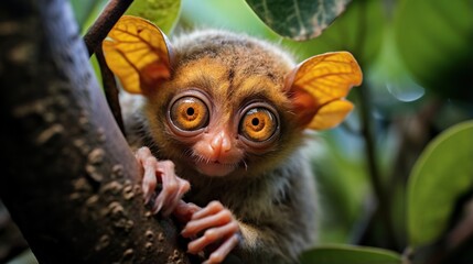  a small animal with big eyes sitting on a tree branch.  generative ai