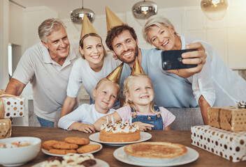Selfie of parents, grandparents and children with birthday cake for celebration with smile, love...