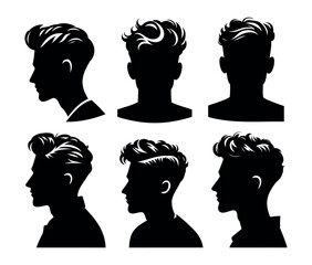 Young man black silhouette on a transparent background. Head of a guy with a fashionable hairstyle. Vector set of stencil icons.