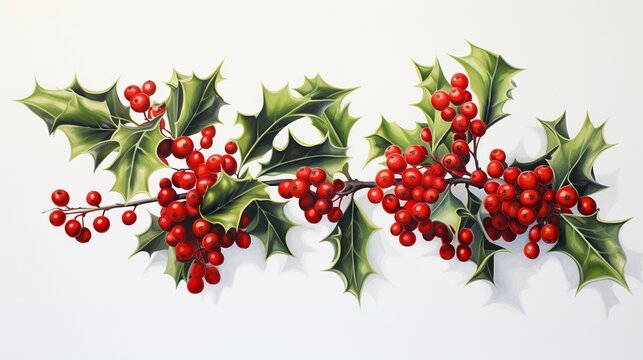  a painting of a holly branch with red berries and green leaves.  generative ai
