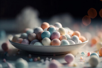 Colorful beads of different sizes and colors on a light background.