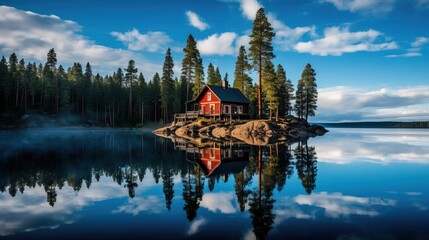 Obraz premium Peaceful cottage in woodland by the lake.