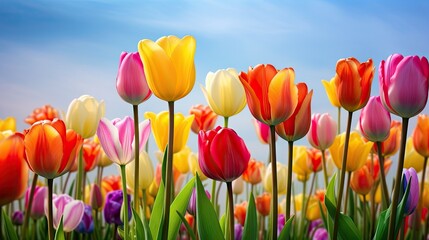 Fototapeta premium a field of colorful tulips with a blue sky in the background. generative ai
