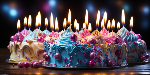 Bunte selbstgemachte Geburtstagstorte mit vielen Kerzen Querformat für Banner, ai generativ