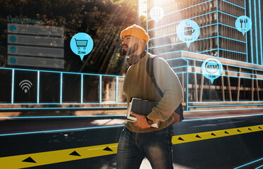 Travel, hologram for location and man walking in a city as a tourist with an icon interface to...