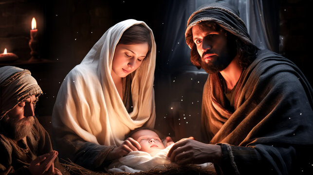 A nativity scene with Mary, Joseph and baby Jesus is depicted in the image referenced by thatotherguy in third person active voice.