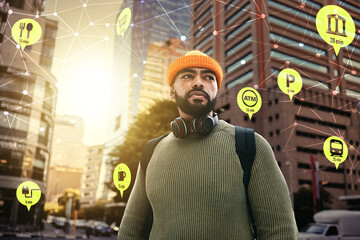 Travel, hologram or overlay and man walking in a city as a tourist with an icon interface to highlight a hotspot. Hologram map, direction or navigation with a young person in an urban town location - obrazy, fototapety, plakaty