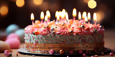 Bunte selbstgemachte Geburtstagstorte mit vielen Kerzen  Querformat für Banner, ai generativ