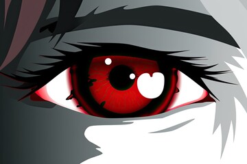 Manga. The face of a cartoon character with red eyes. Anime, Japanese style