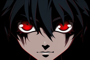 Manga. The face of a cartoon character with red eyes. Anime, Japanese style
