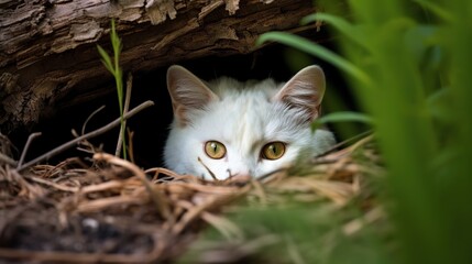 Naklejka na ściany i meble a white cat hiding in the grass under a tree trunk. generative ai