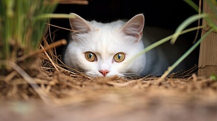 Naklejka na ściany i meble a white cat with green eyes hiding in a hole in the ground. generative ai