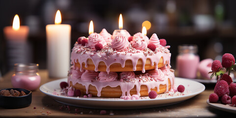 Bunte selbstgemachte Geburtstagstorte mit vielen Kerzen mit fließendes Tortenguss Querformat für Banner, ai generativ