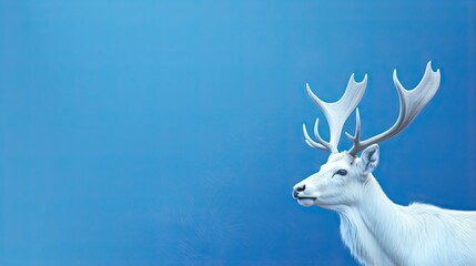  a white deer with large antlers standing in front of a blue background.  generative ai