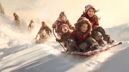 A group of kids enjoy sledding down a snowy hill on Christmas morning, laughing and having fun in the winter wonderland. - obrazy, fototapety, plakaty