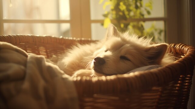Beautiful pet dog sleeping in wicker basket pictures AI Generated Art