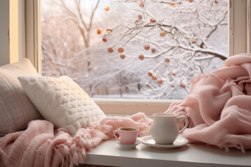 Cozy winter scene with peachy pink accents, showcasing a warm cup of cocoa and a soft blanket - obrazy, fototapety, plakaty