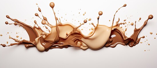 Coffee and chocolate milk splashing on a white background - obrazy, fototapety, plakaty