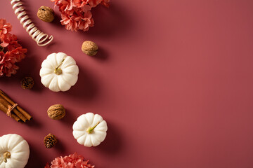 Thanksgiving decorative pumpkins with autumn fall decor on brown background. Flat lay, top view, copy space.