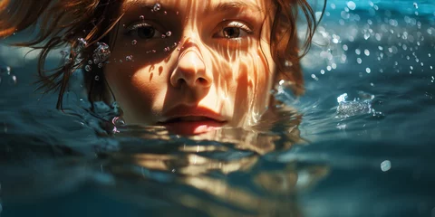 Foto op Canvas Hübsches Frauen Gesicht schwimmt im Wasser mit schöner Spiegelung im Querformat, ai generativ  © www.freund-foto.de
