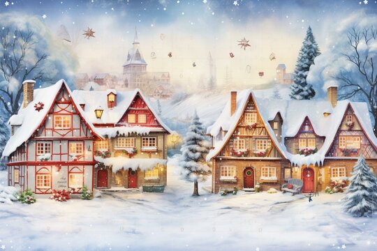 Festive holiday calendar featuring a picturesque winter village scene. Generative AI