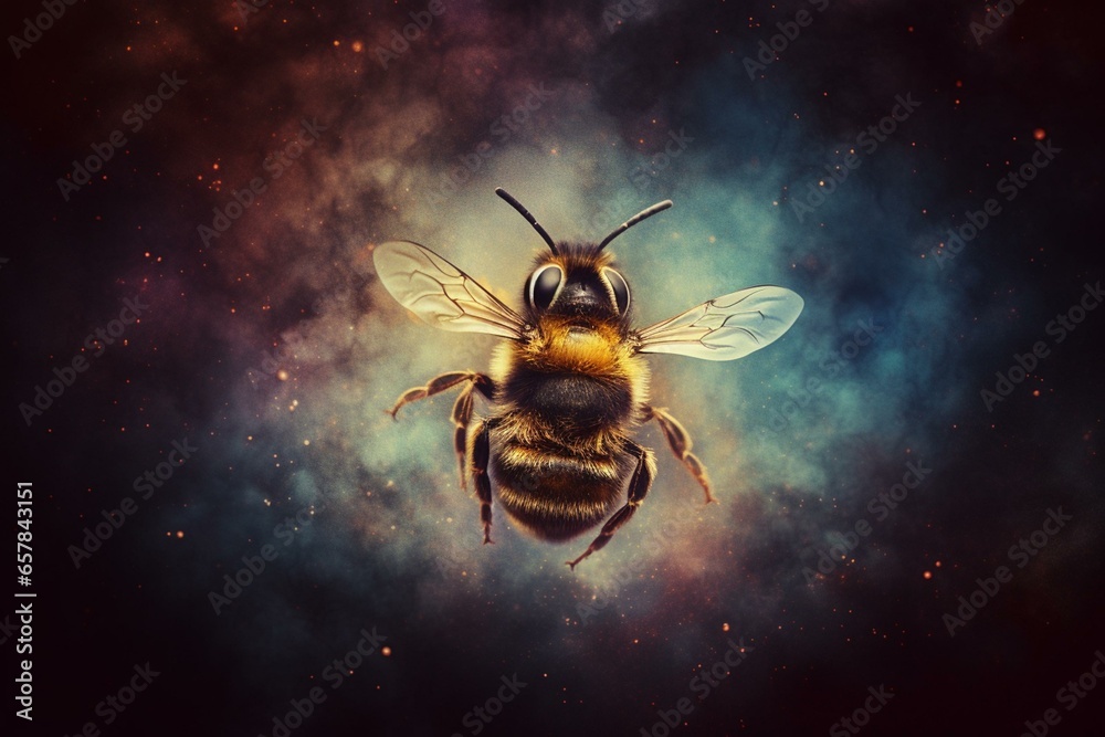 Wall mural abstract concept of a bee on a nebula dust background in an infinite space. mixed media. generative 