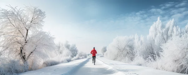 Selbstklebende Fototapeten Runner jogging on a scenic snow-covered trail © thejokercze