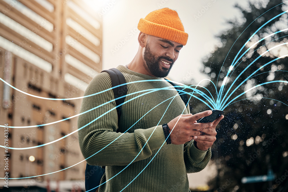 Aufkleber man, phone and hologram for city communication, networking and connection or student travel with int