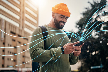 Man, phone and hologram for city communication, networking and connection or student travel with...