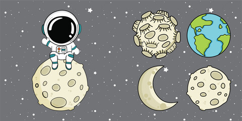 Cute Astronaut Sitting On Moon Cartoon Vector Icon Illustration. Science. Flat Cartoon Style - Drawing moon, moon crater, full moon, new moon. Drawing planet earth. Cartoon style. - obrazy, fototapety, plakaty