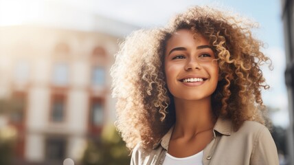 Smiling Teen Black Woman with Blond Curly Hair Photo. Portrait of Casual Person in City Street. Photorealistic Ai Generated Horizontal Illustration.. - obrazy, fototapety, plakaty