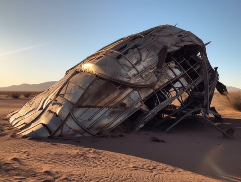 A huge alien ship crashed in the desert. AI generative.