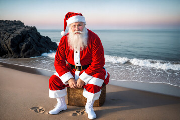 Santa Claus in red clothes with a beard.Sea shore.New Year 2024.Creative designer fashion glamour art.