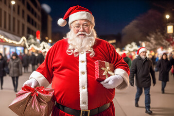 Santa Claus in red clothes with a beard.Street.New Year 2024.Creative designer fashion glamour art.