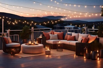 A photorealistic 3D rendering of a comfortable rooftop patio area with a lounging area, a hanging chair, and string lights at dusk in the summer. 